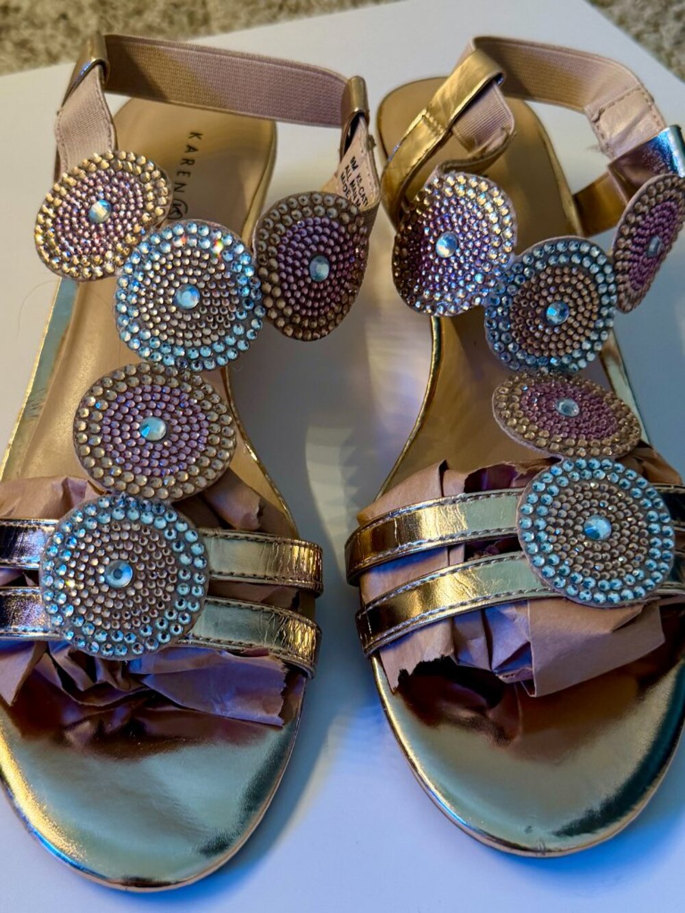 Karen Scott Catrina Rose Gold Wedge Sandal Rhinestone Medallion Accents